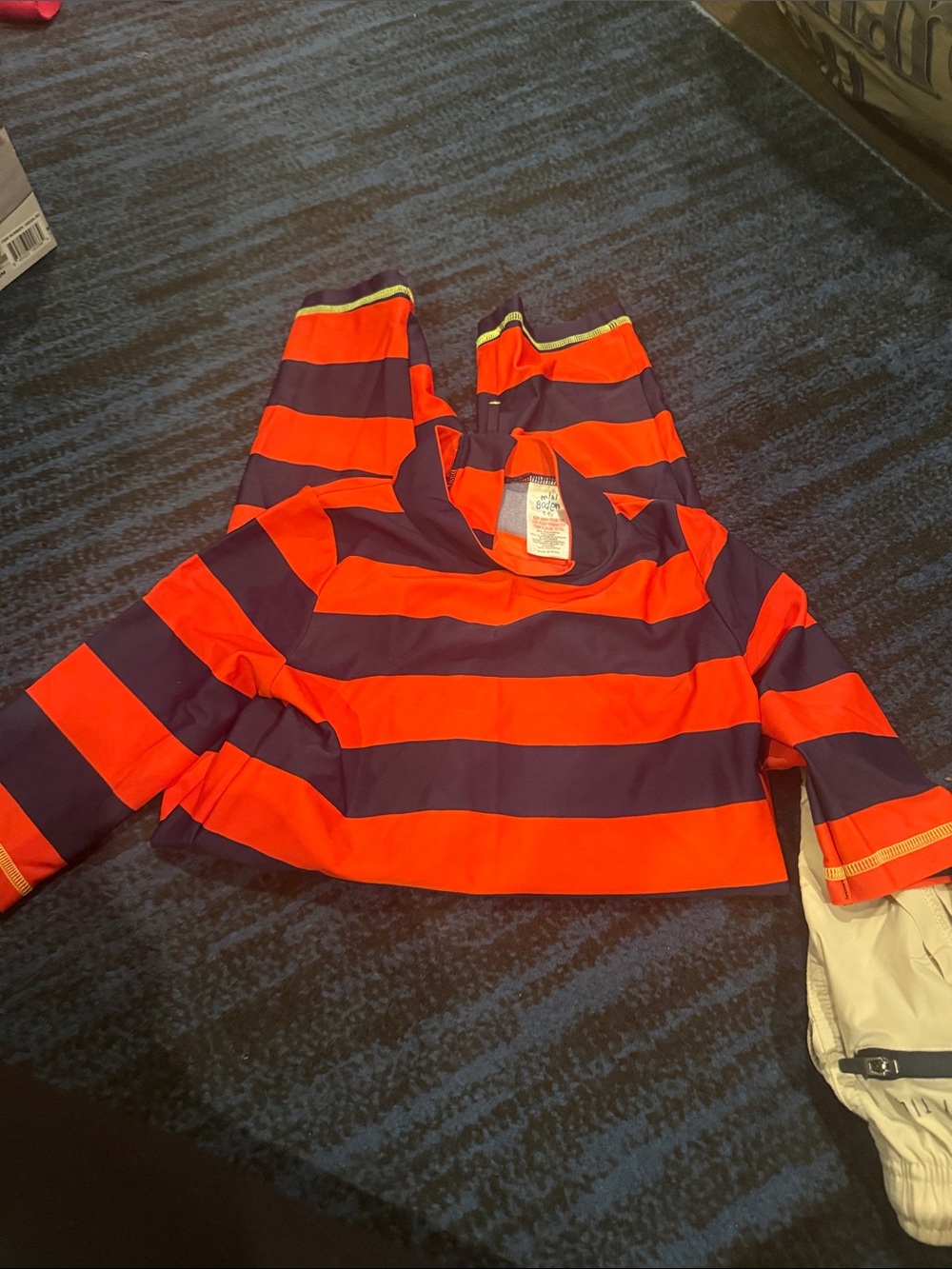 Mini Boden Orange and Navy Striped Hooded Swim Rashguard